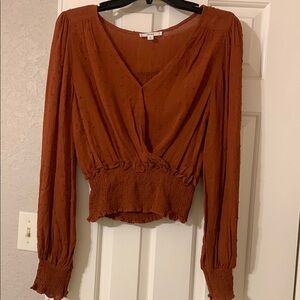 Orange Puff Sleeve Crop Blouse with Gold Accents